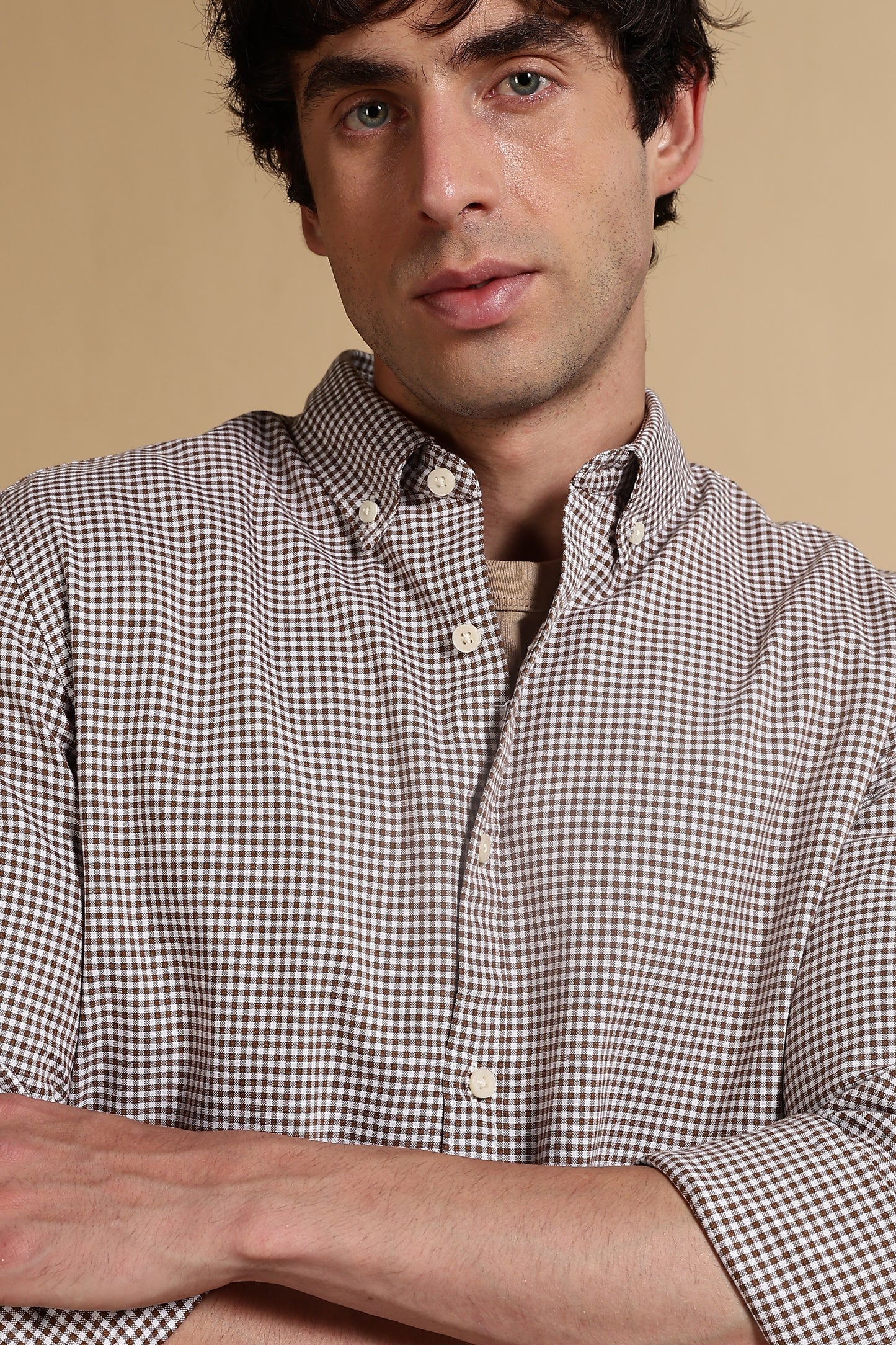 Cotton Oxford Slim Fit Mini Checks Shirt Brown