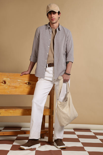 Slim Fit Mini Checks Shirt Brown