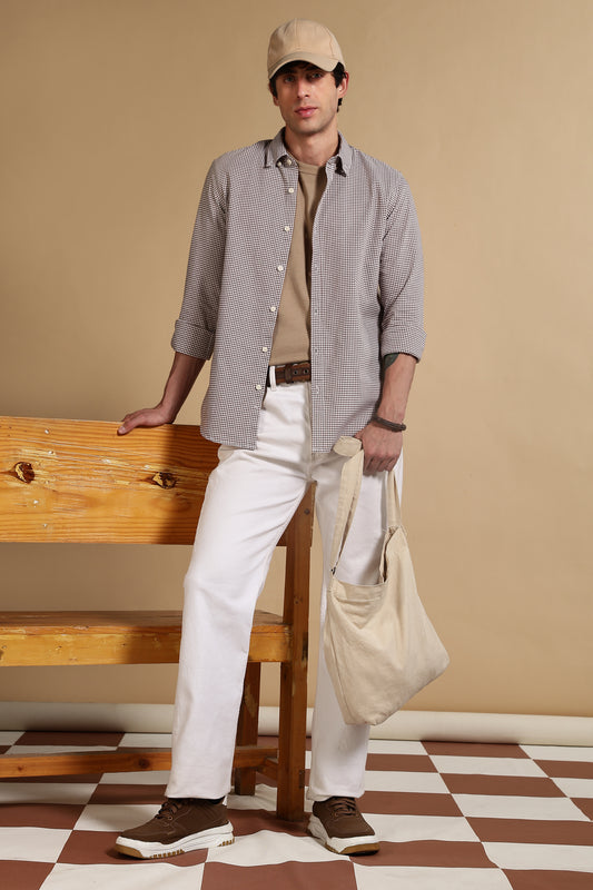 Cotton Oxford Slim Fit Mini Checks Shirt Brown