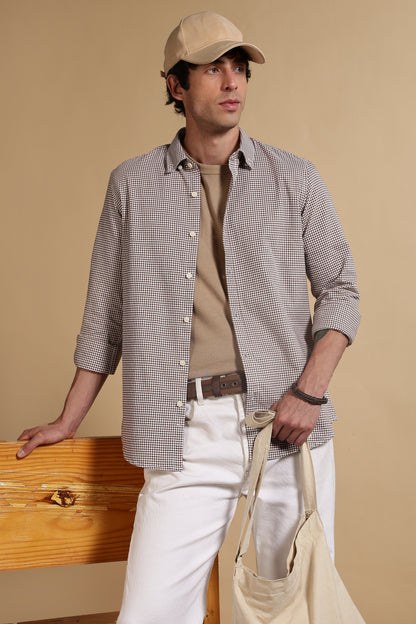 Slim Fit Mini Checks Shirt Brown