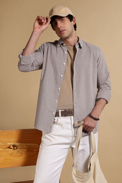 Slim Fit Mini Checks Shirt Brown