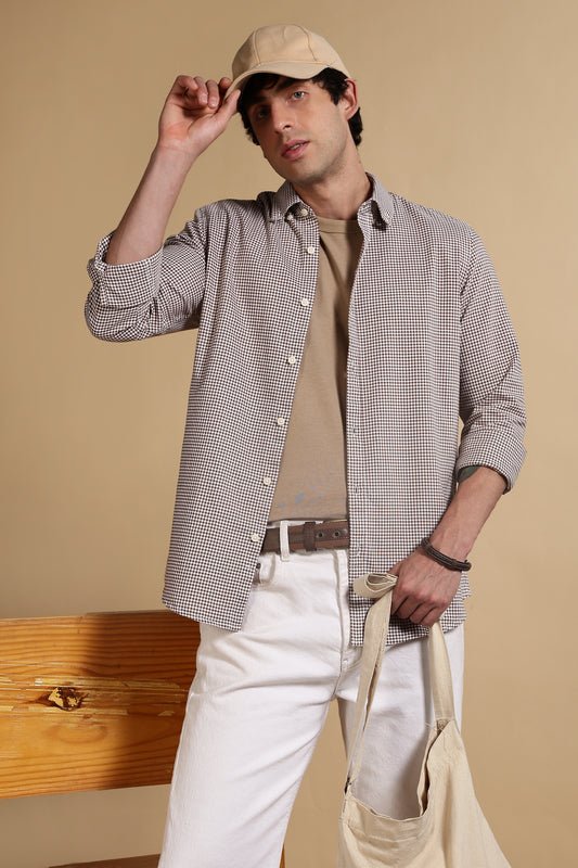 Cotton Oxford Slim Fit Mini Checks Shirt Brown