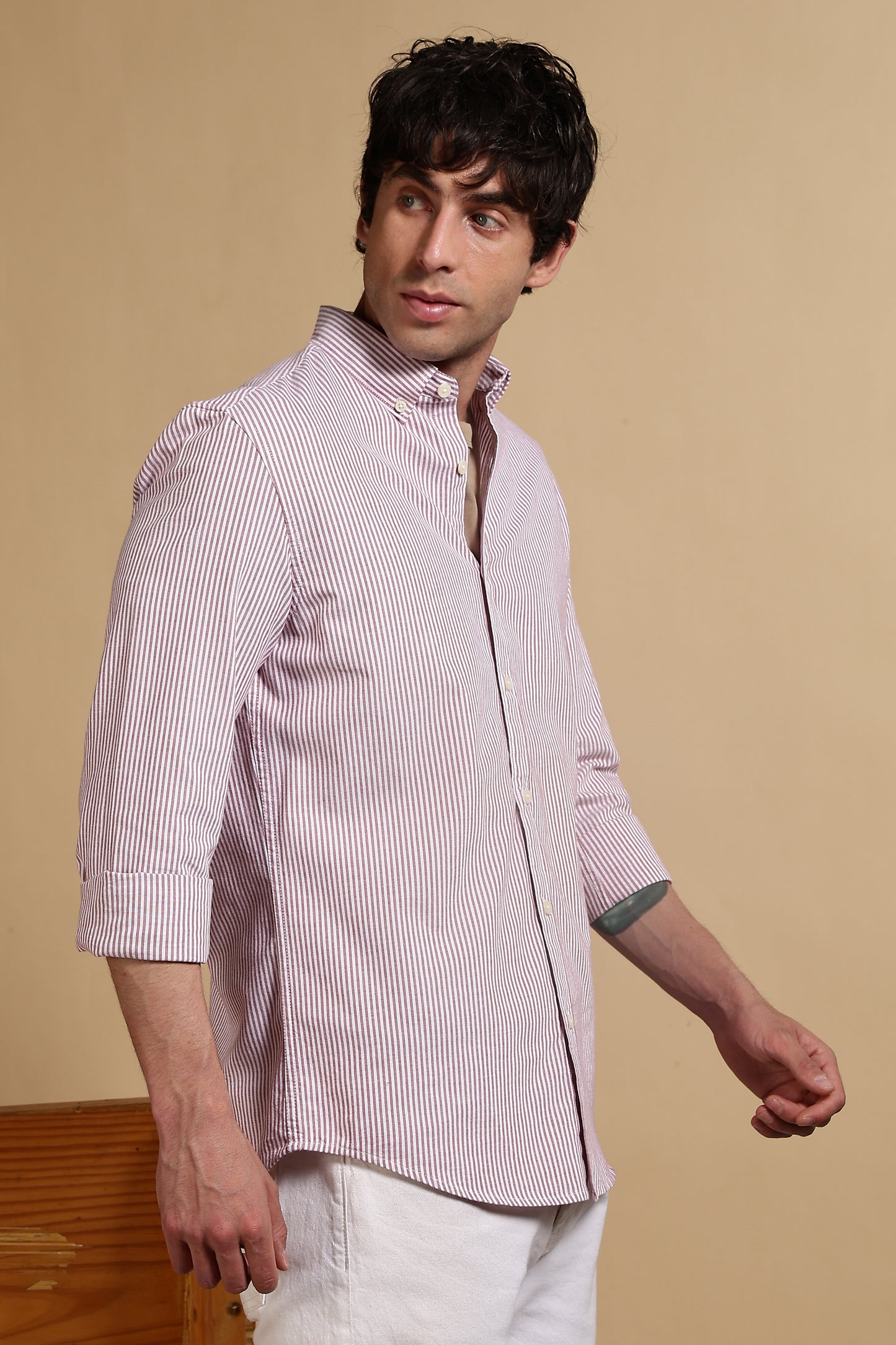 100% Cotton Oxford Slim Fit Striped Shirt Red