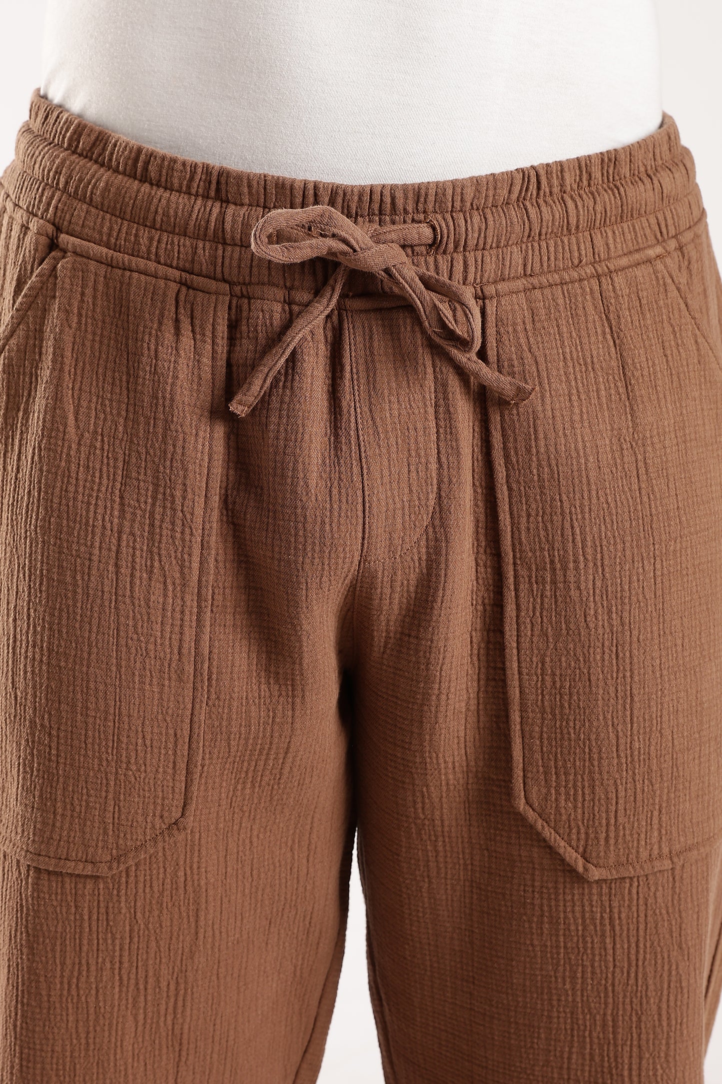 100% Cotton Double Cloth Drawcord Trousers Brown
