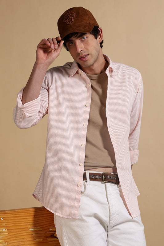 100% Cotton Oxford Slim Fit Striped Shirt Orange