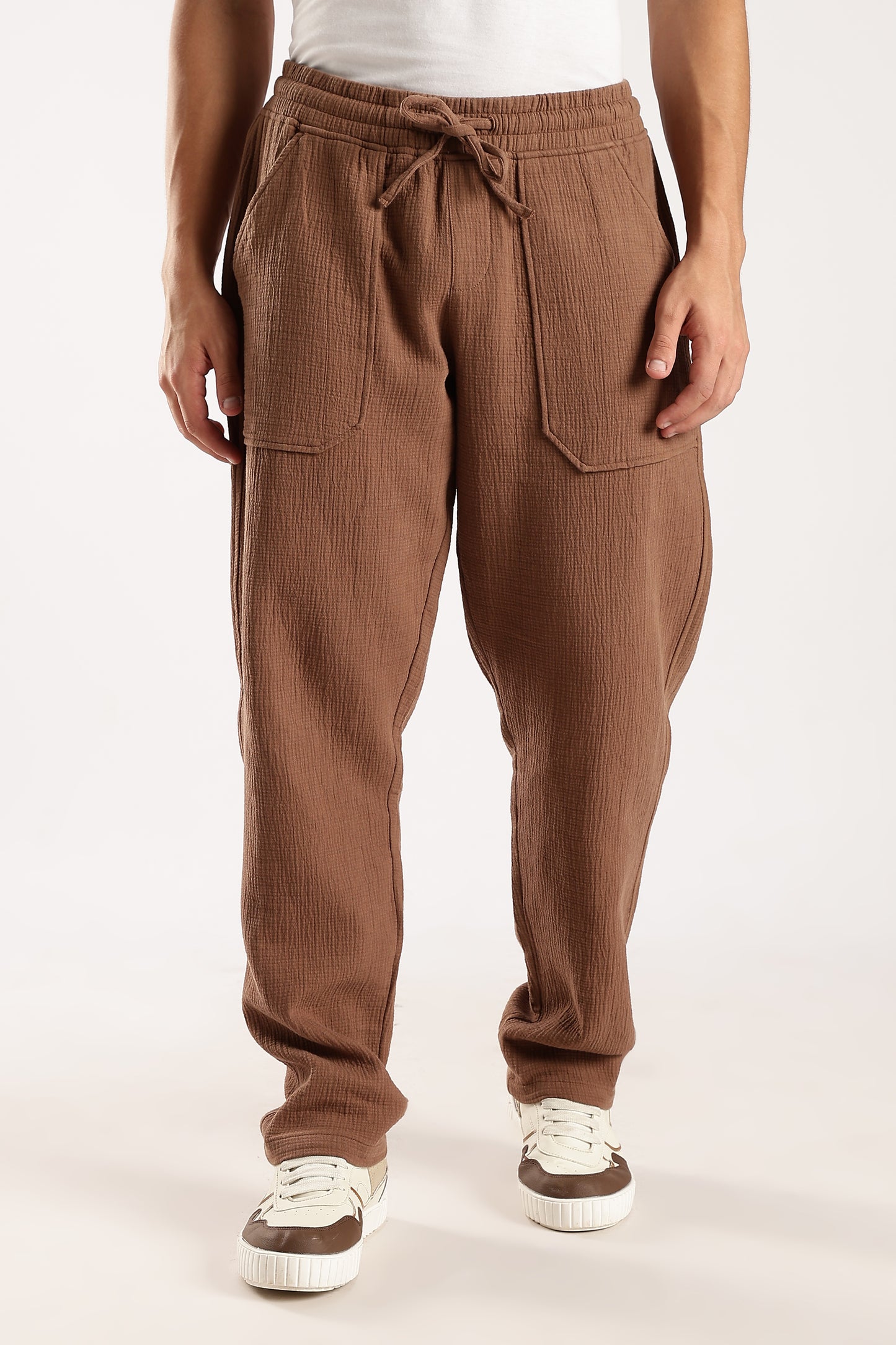 100% Cotton Double Cloth Drawcord Trousers Brown