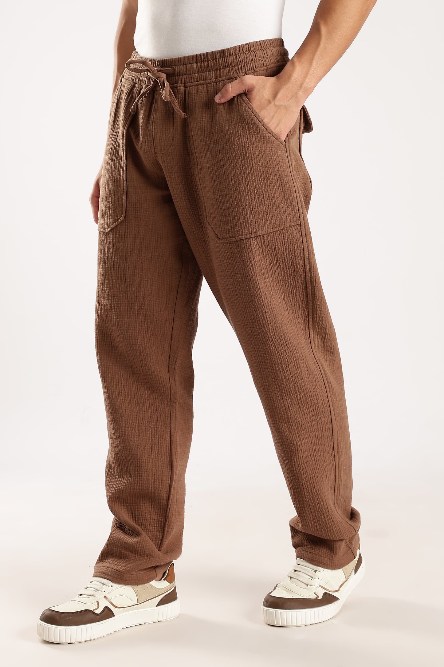 100% Cotton Double Cloth Drawcord Trousers Brown