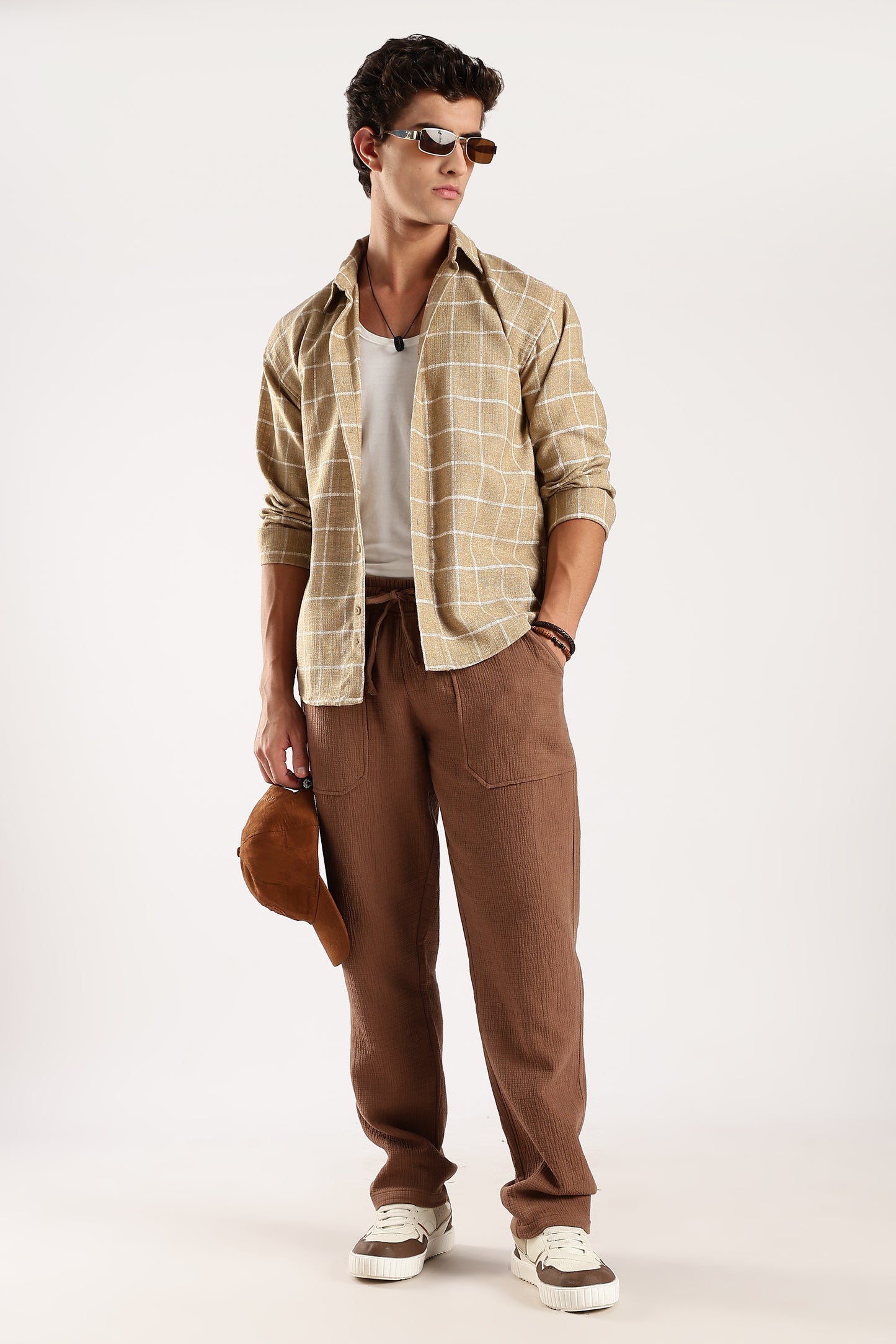 100% Cotton Double Cloth Drawcord Trousers Brown