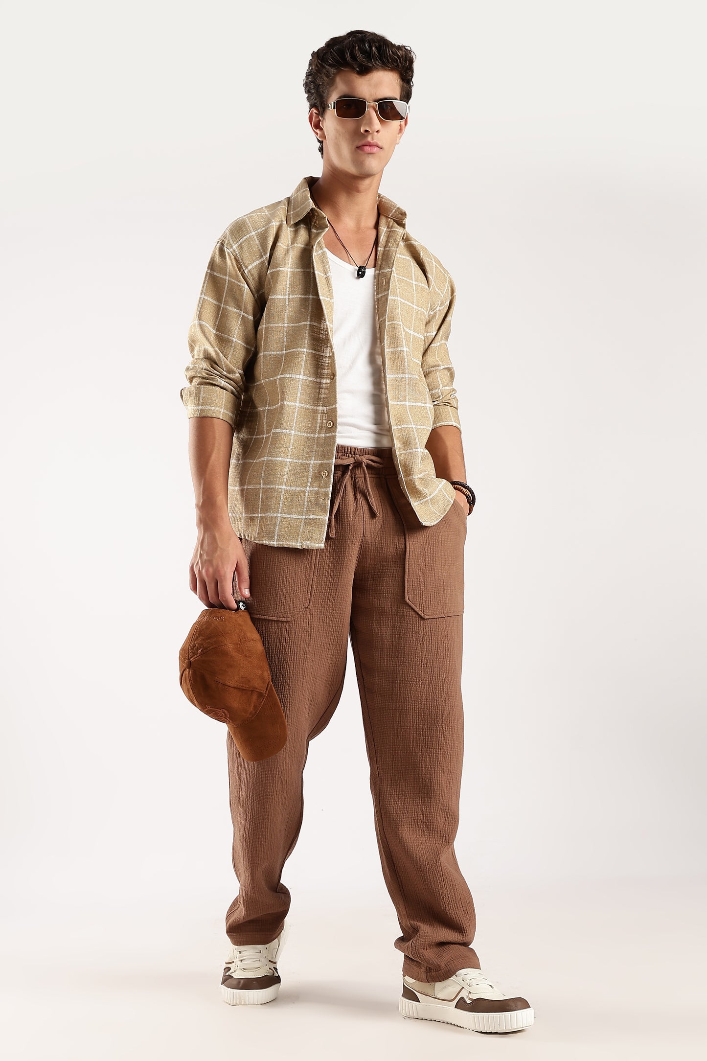 100% Cotton Double Cloth Drawcord Trousers Brown