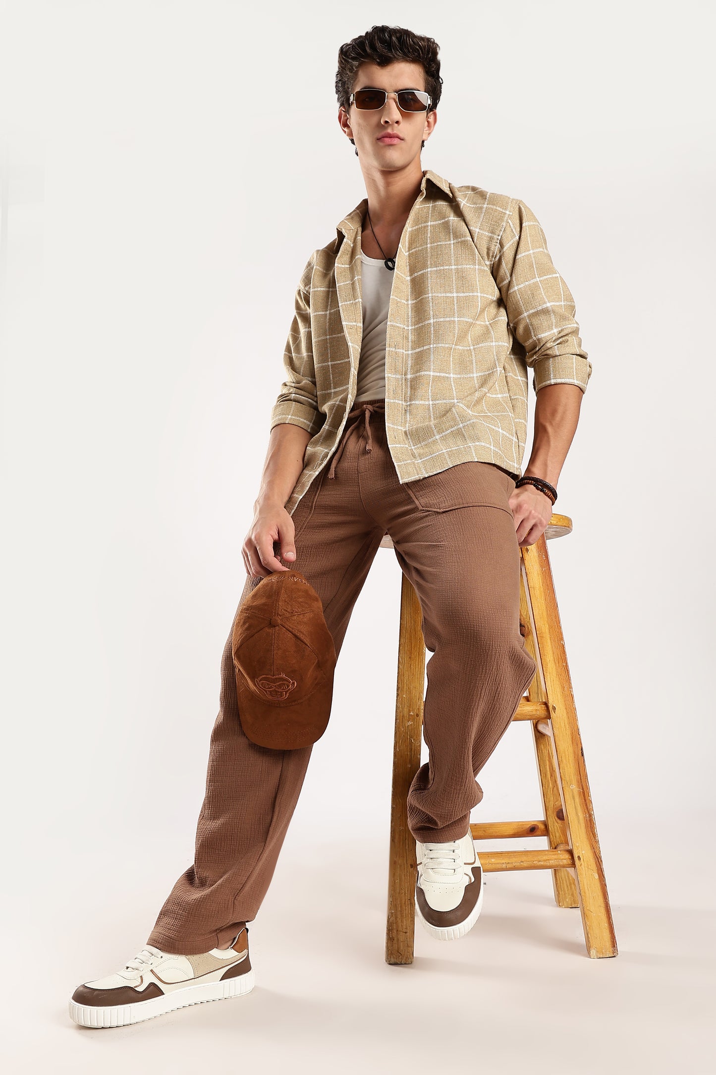 100% Cotton Double Cloth Drawcord Trousers Brown