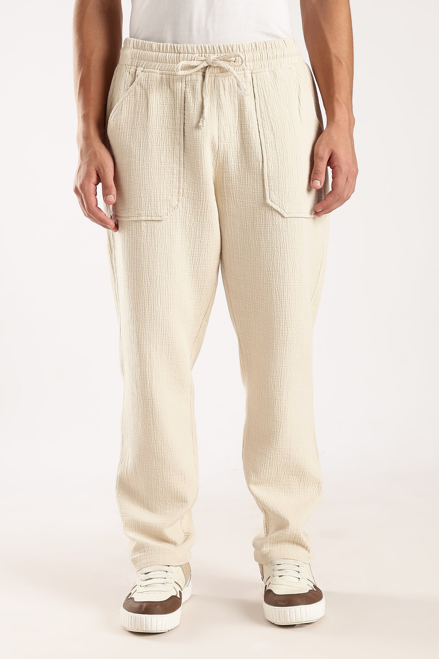 100% Cotton Double Cloth Drawcord Trousers Off White