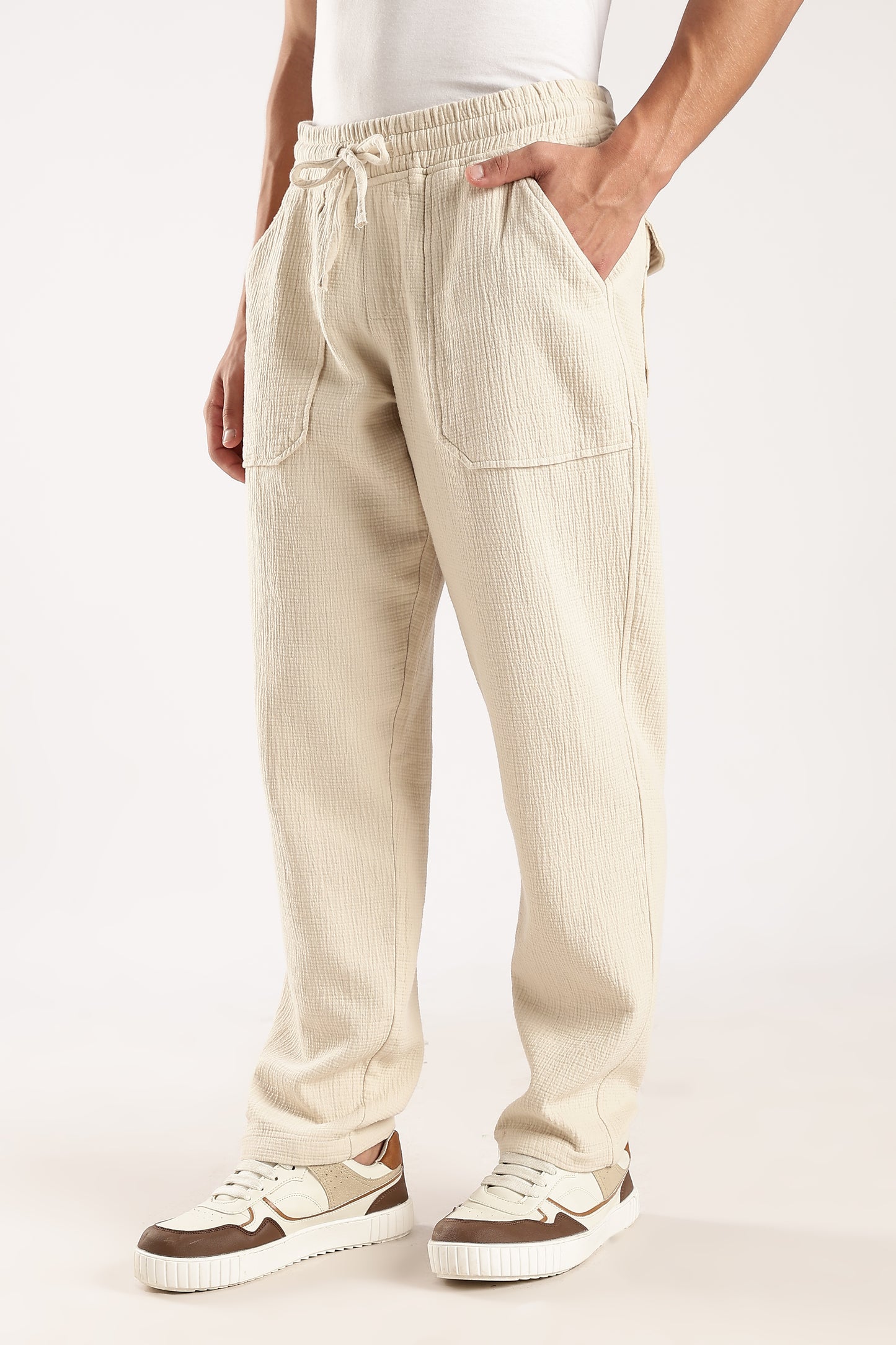 100% Cotton Double Cloth Drawcord Trousers Off White