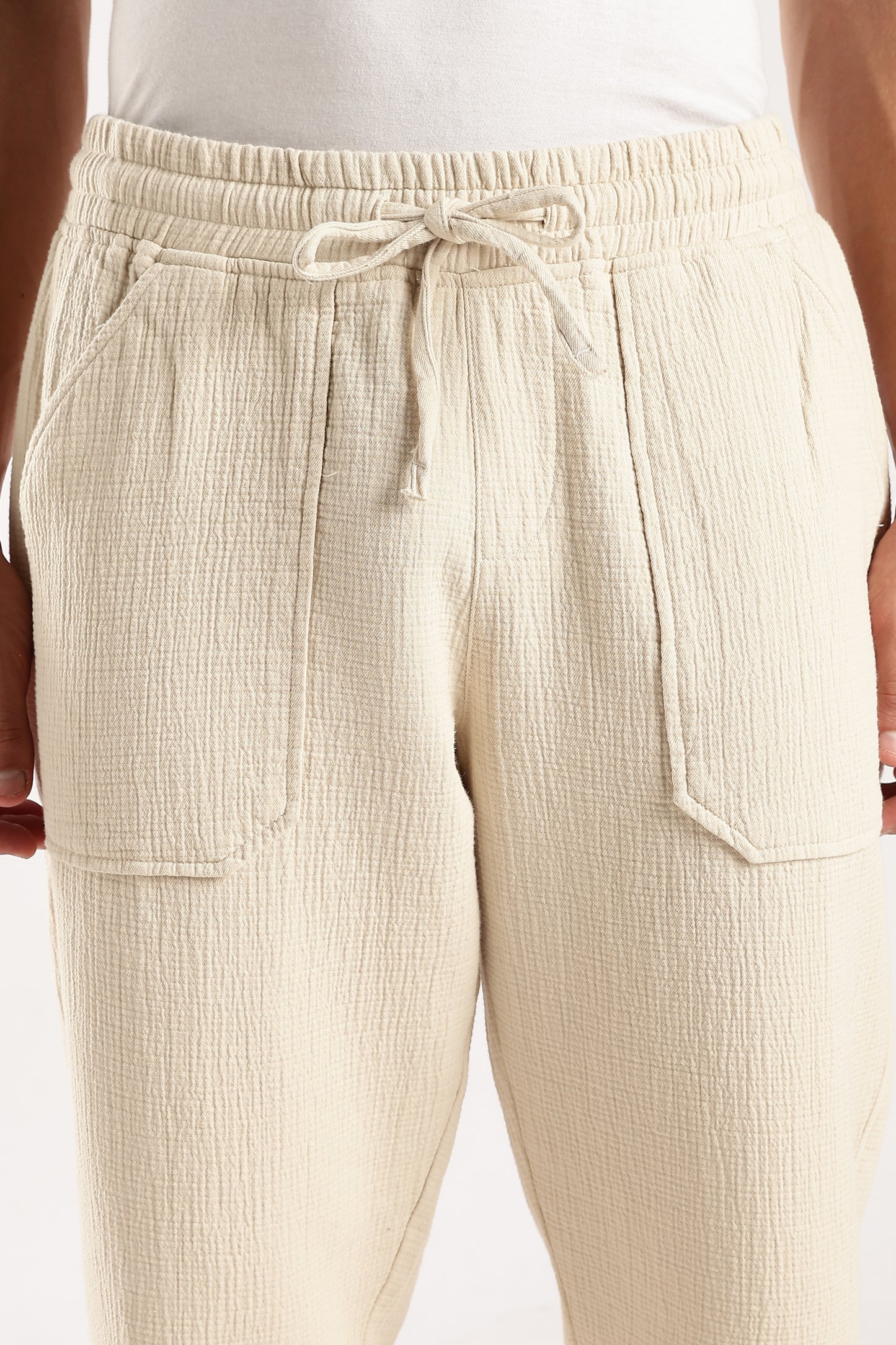 100% Cotton Double Cloth Drawcord Trousers Off White