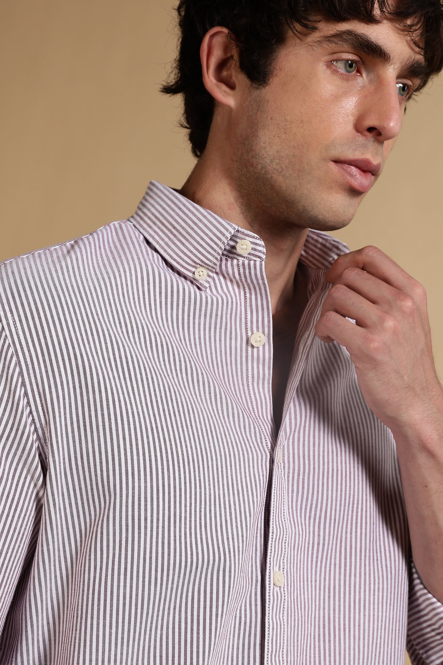 100% Cotton Oxford Slim Fit Striped Shirt Maroon