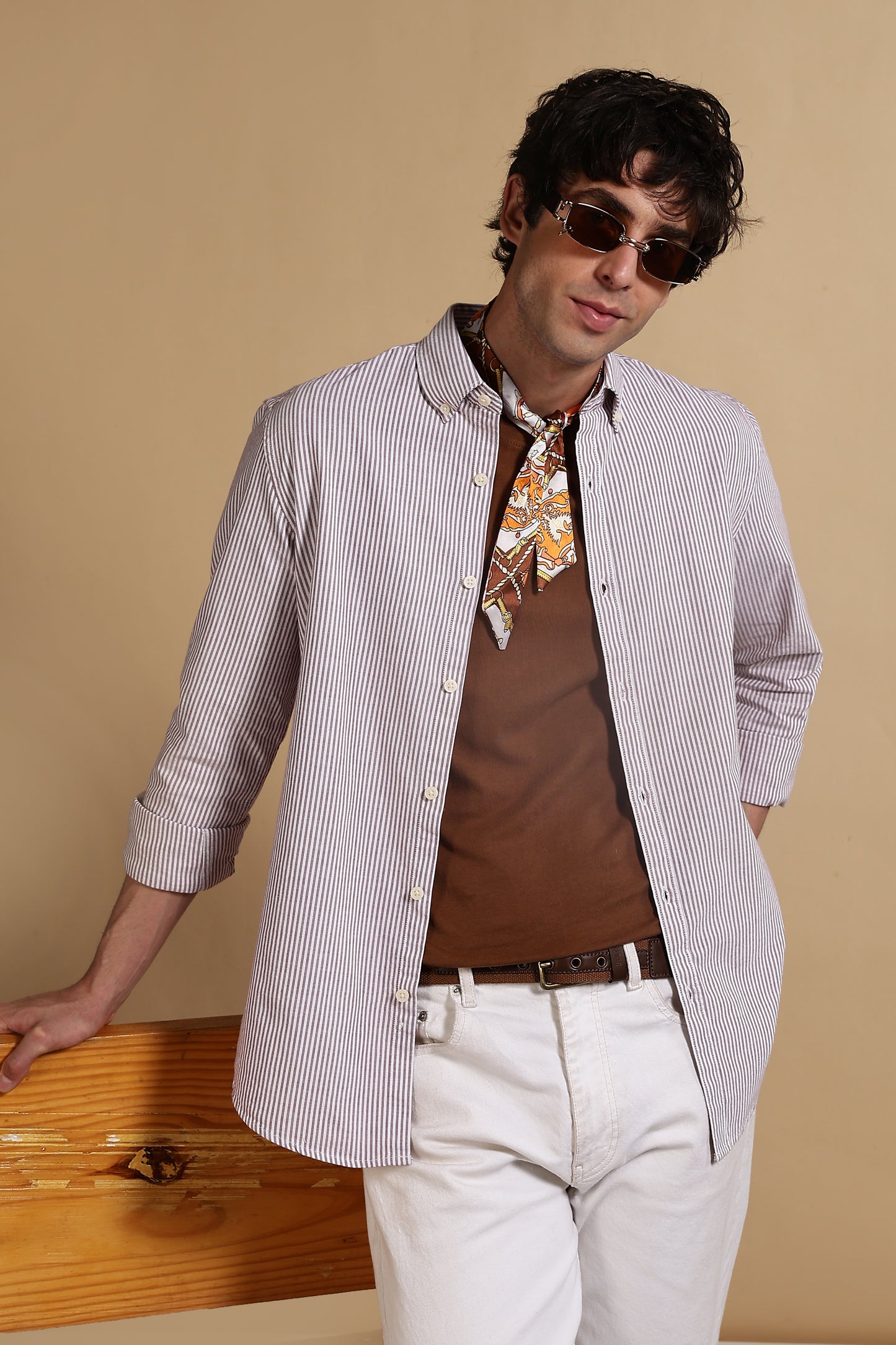 100% Cotton Oxford Slim Fit Striped Shirt Maroon