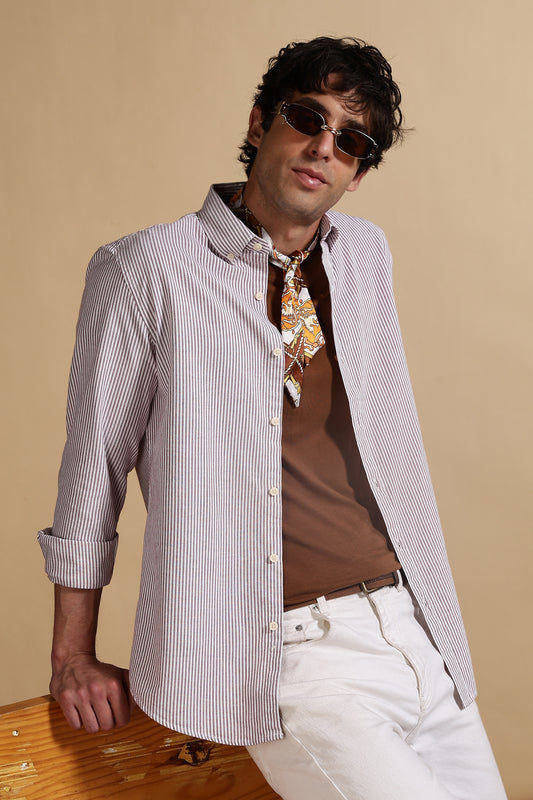 100% Cotton Oxford Slim Fit Striped Shirt Maroon