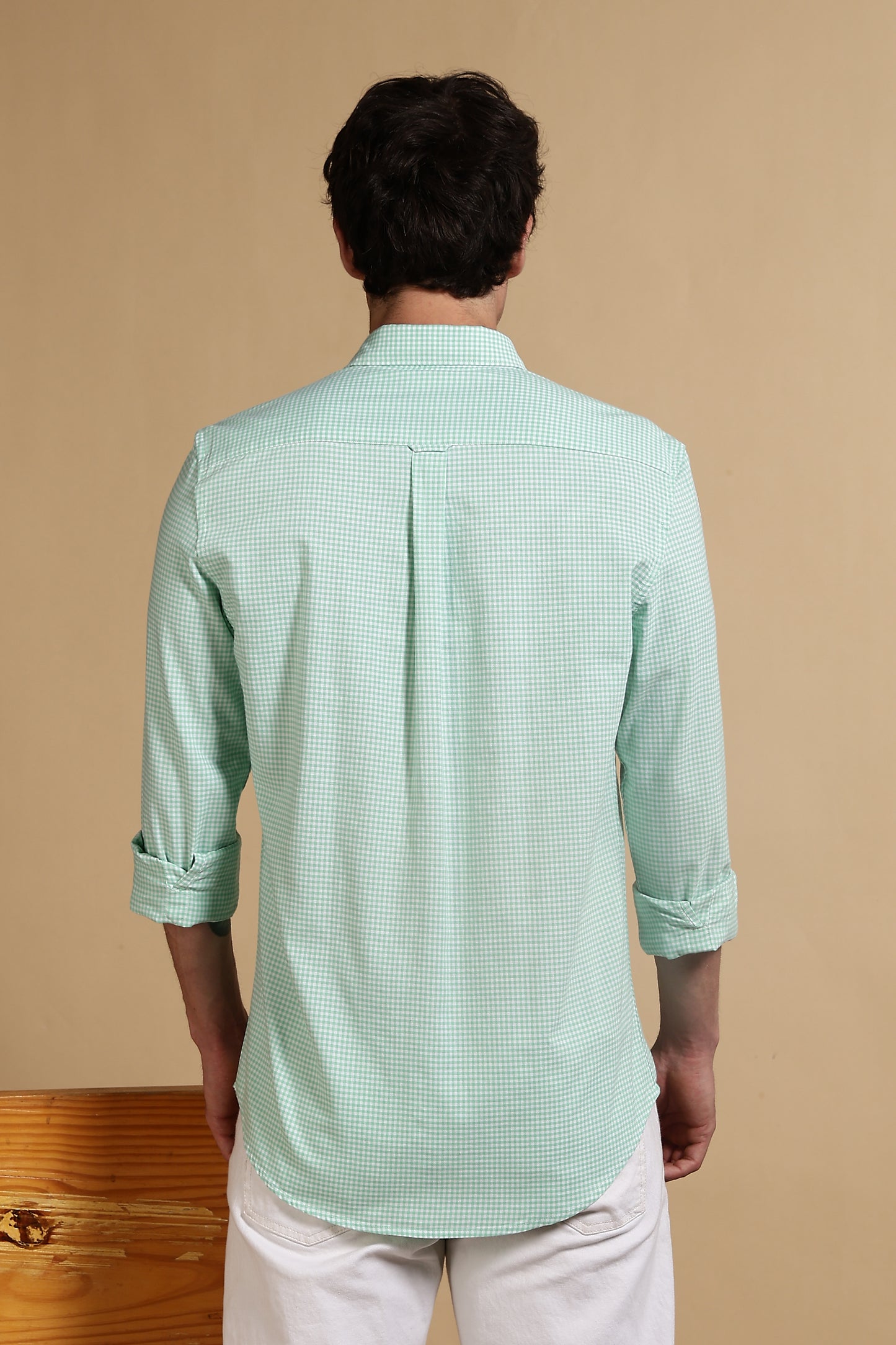 Cotton Oxford Slim Fit Mini Checks Shirt Lt Green
