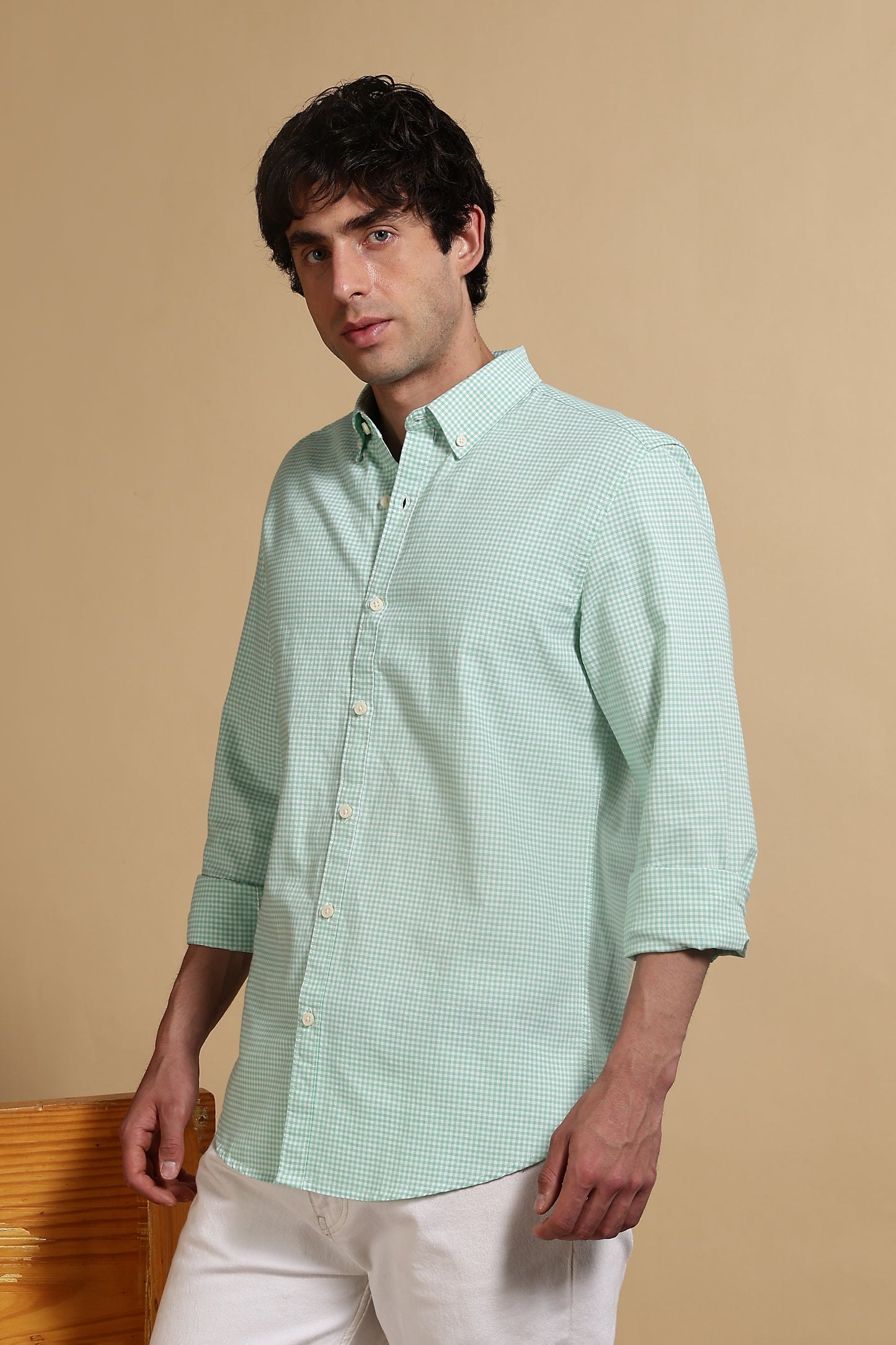 Cotton Oxford Slim Fit Mini Checks Shirt Lt Green