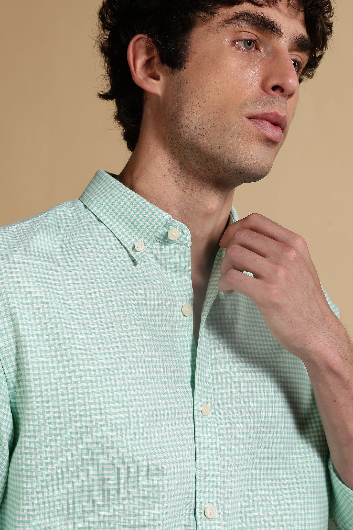 Cotton Oxford Slim Fit Mini Checks Shirt Lt Green