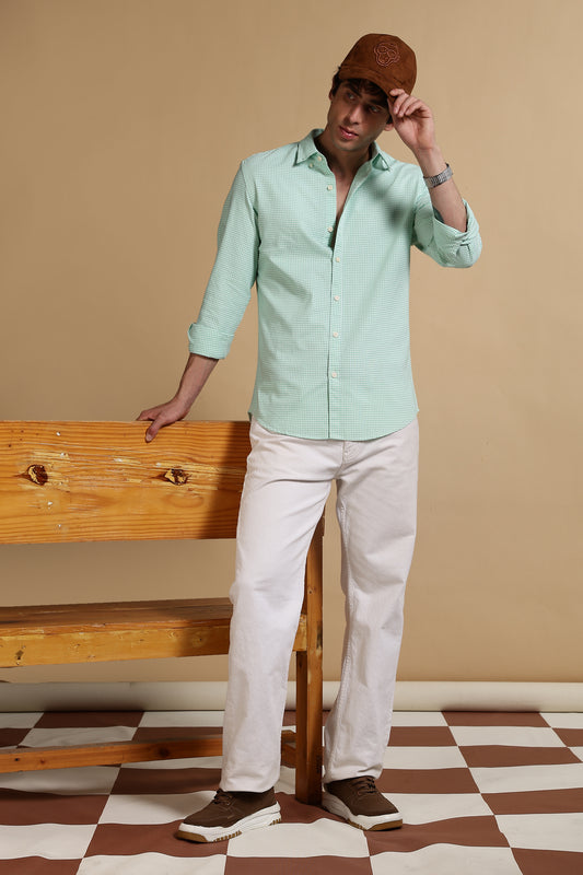 Cotton Oxford Slim Fit Mini Checks Shirt Lt Green