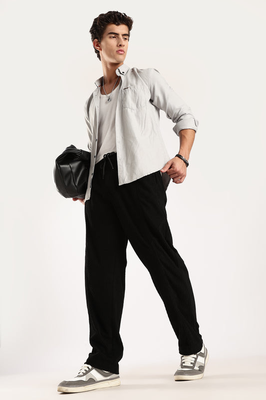 Textured Loose Fit Drawcord Trousers Black