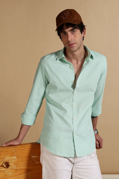 Slim Fit Mini Checks Shirt Lt Green