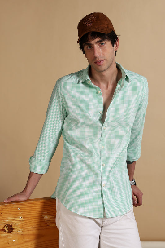 Cotton Oxford Slim Fit Mini Checks Shirt Lt Green