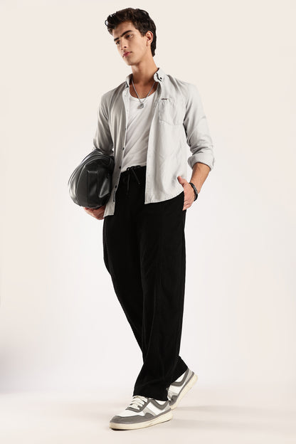 Textured Loose Fit Drawcord Trousers Black