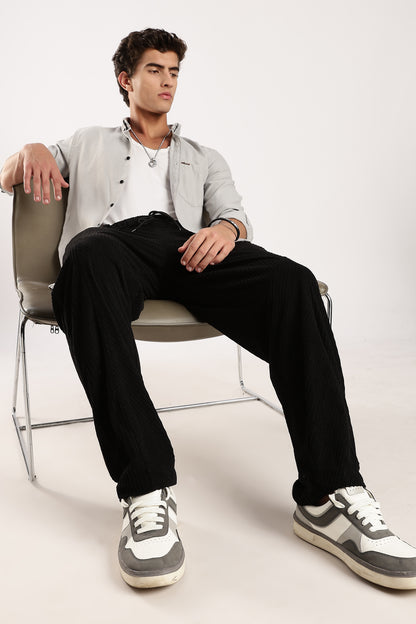 Textured Loose Fit Drawcord Trousers Black