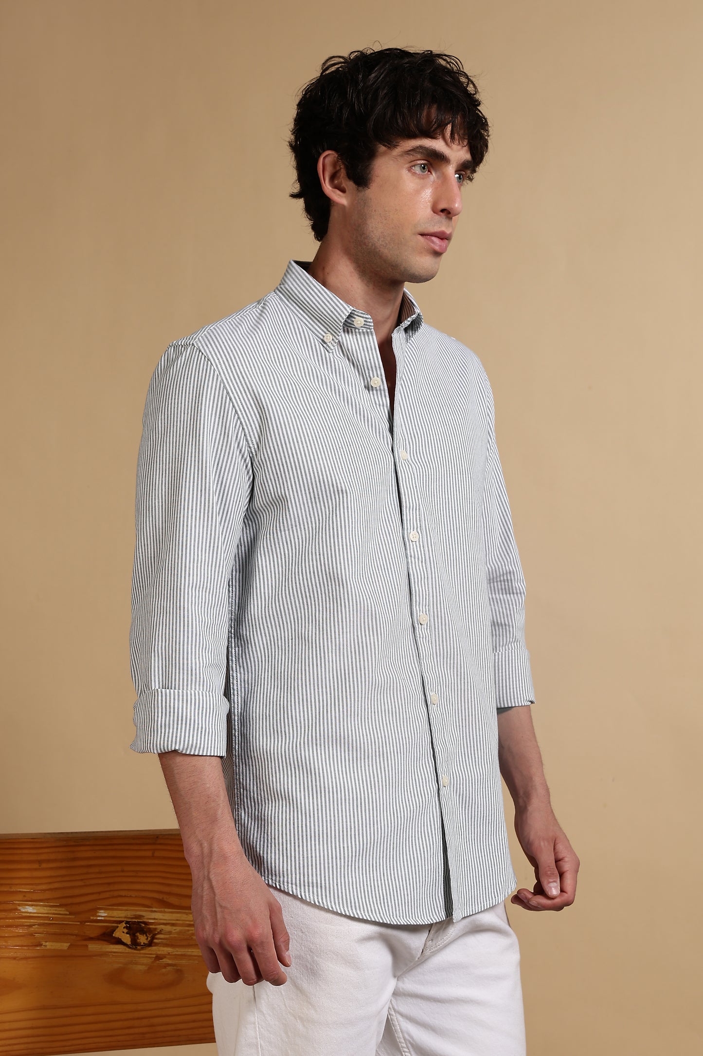 100% Cotton Oxford Slim Fit Striped Shirt Green