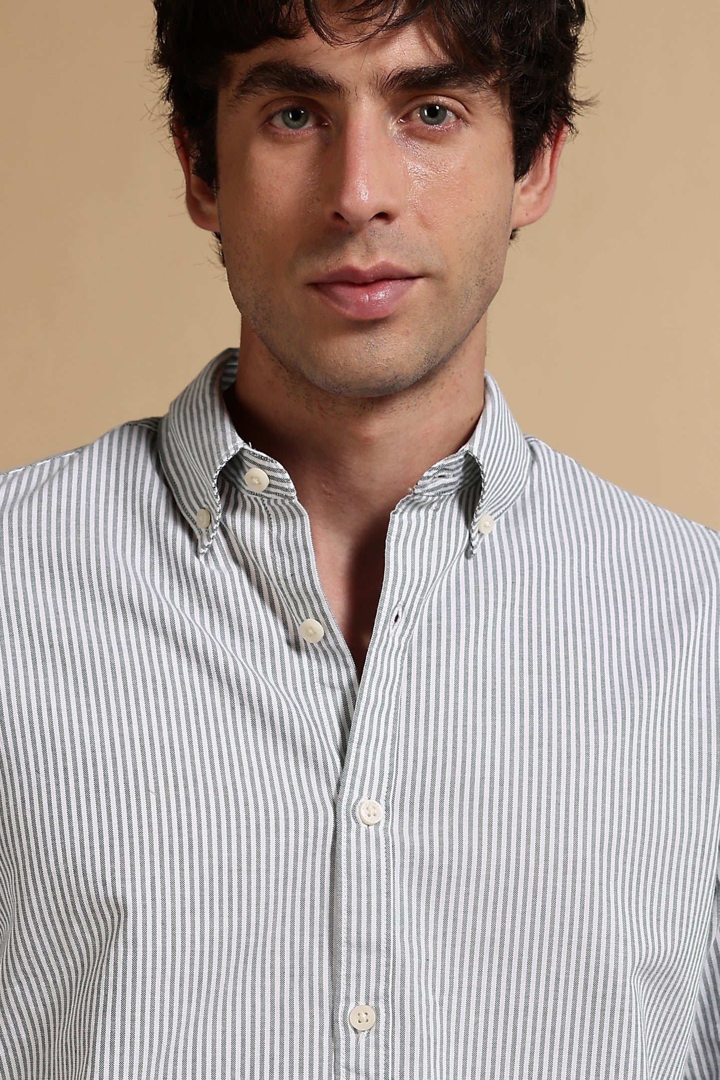 100% Cotton Oxford Slim Fit Striped Shirt Green