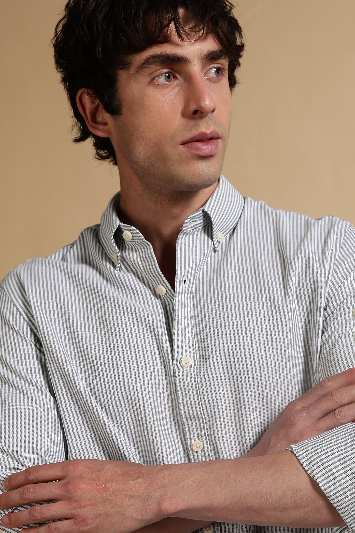 100% Cotton Oxford Slim Fit Striped Shirt Green