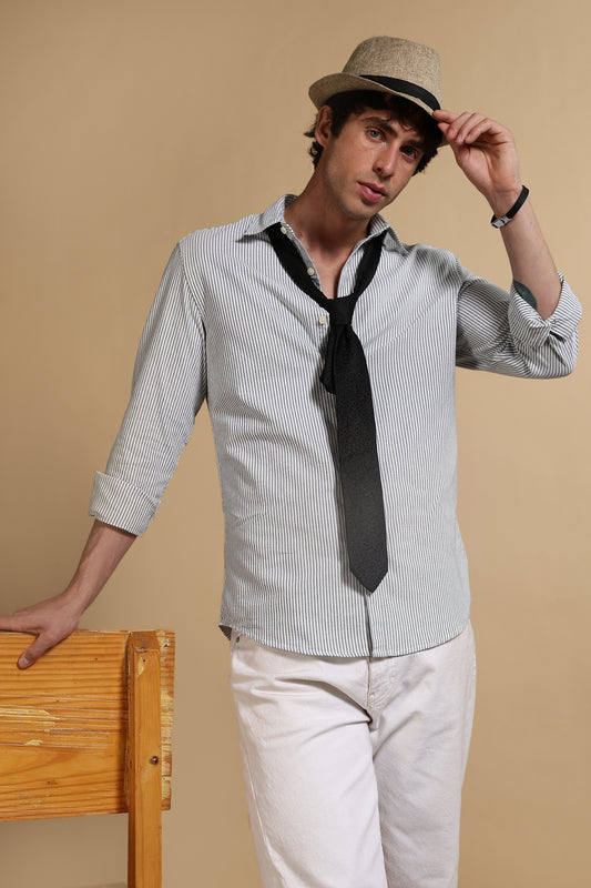 100% Cotton Oxford Slim Fit Striped Shirt Green