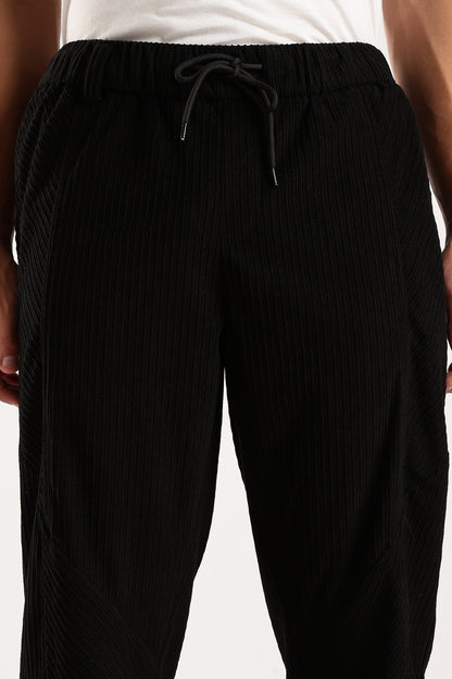Textured Loose Fit Drawcord Trousers Black