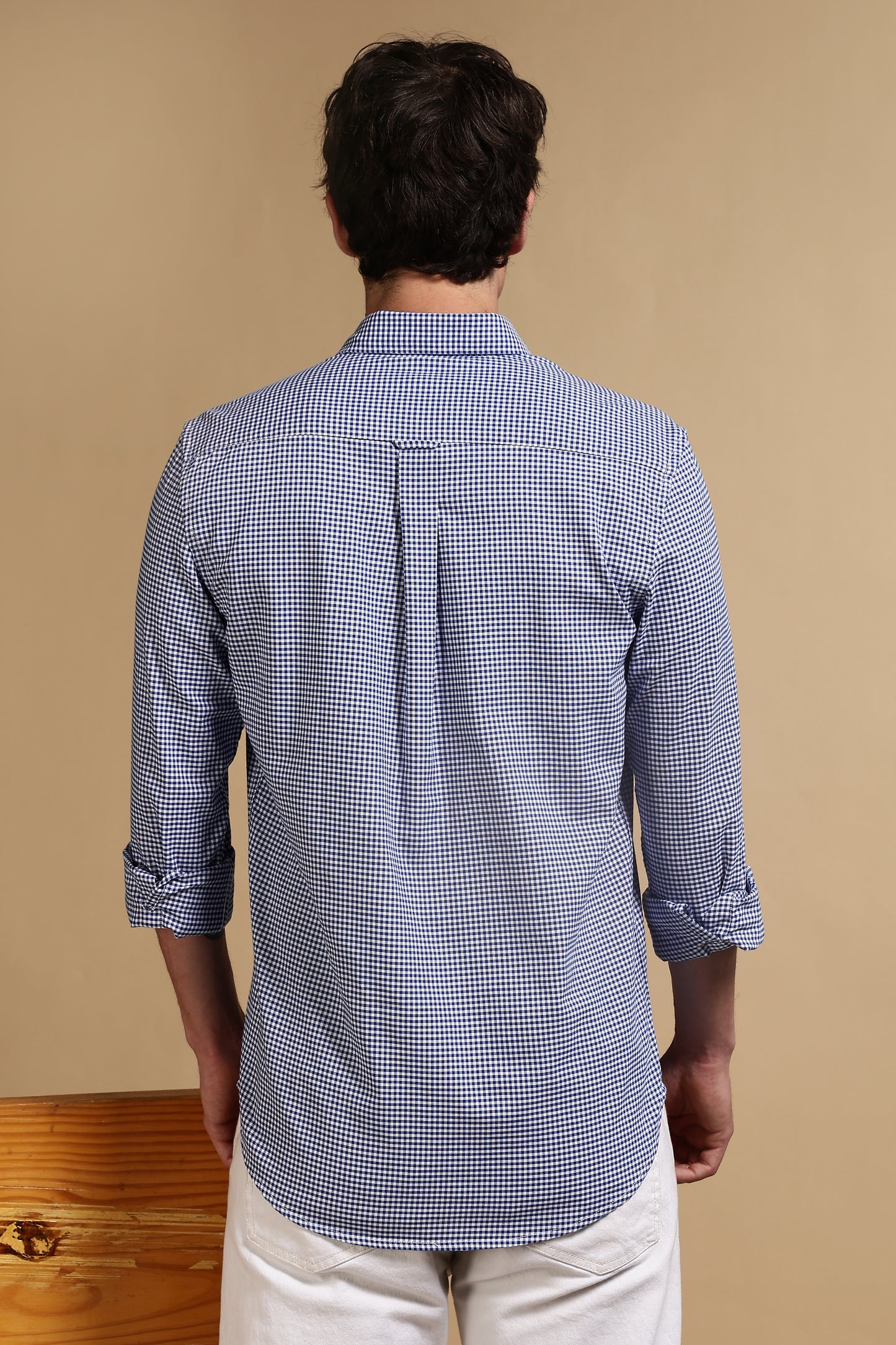 Cotton Oxford Slim Fit Mini Checks Shirt Navy
