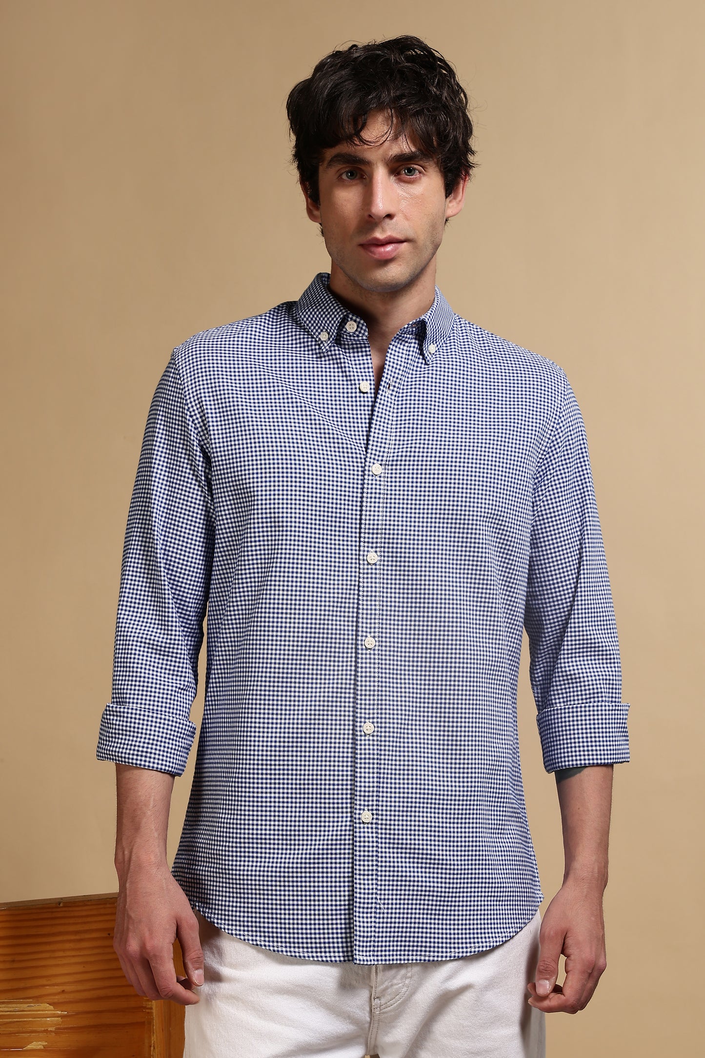 Cotton Oxford Slim Fit Mini Checks Shirt Navy