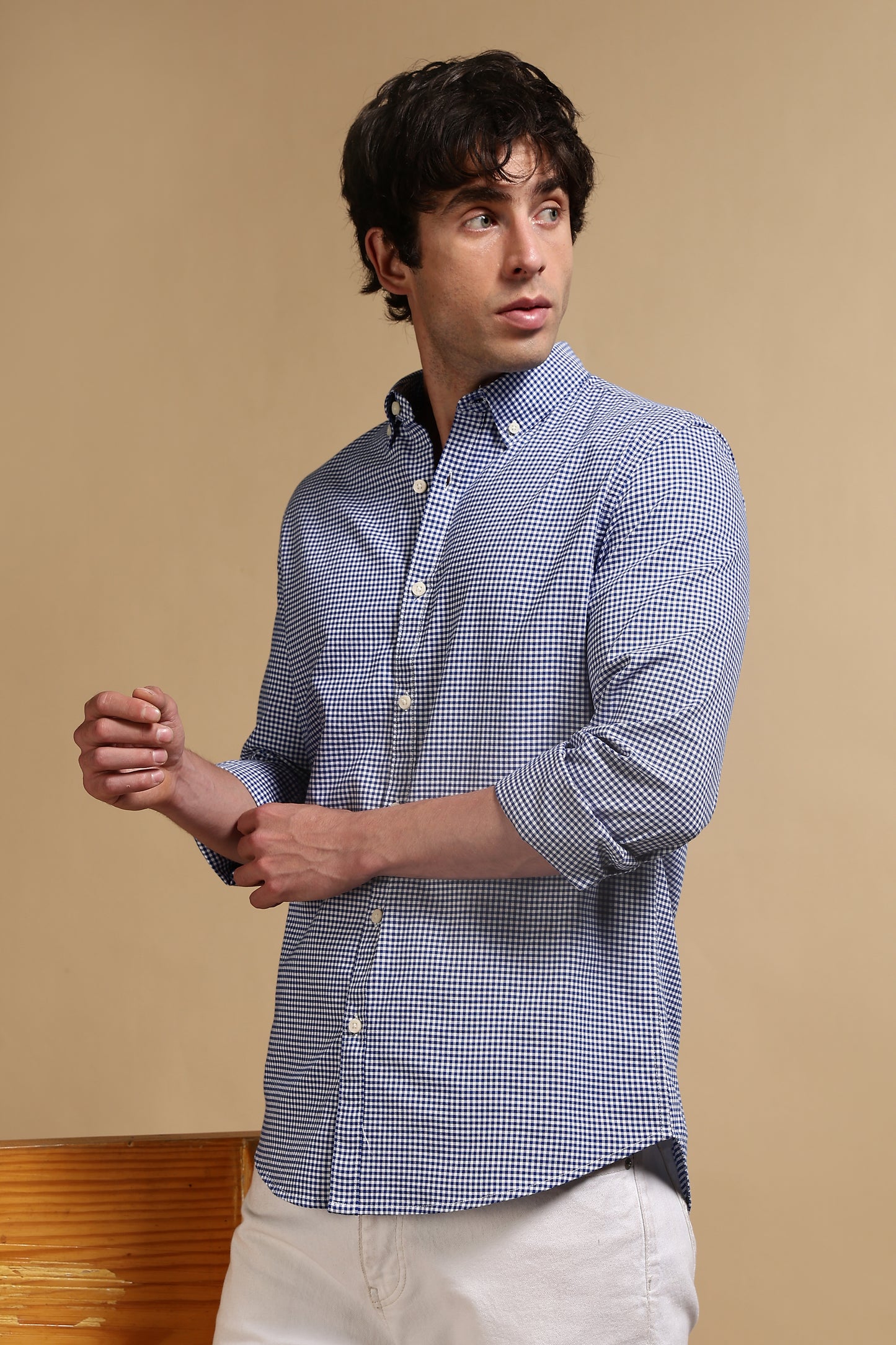 Cotton Oxford Slim Fit Mini Checks Shirt Navy
