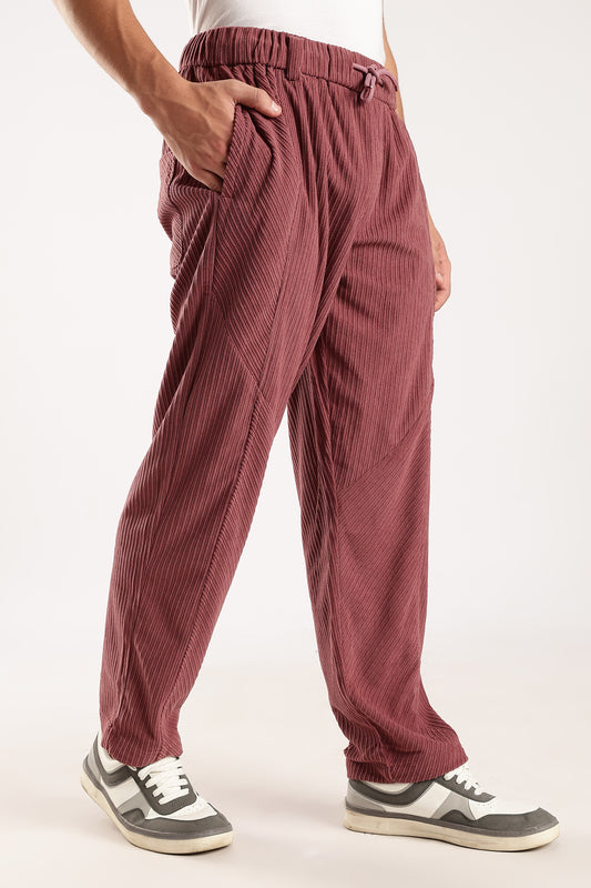 Textured Loose Fit Drawcord Trousers Burgundy
