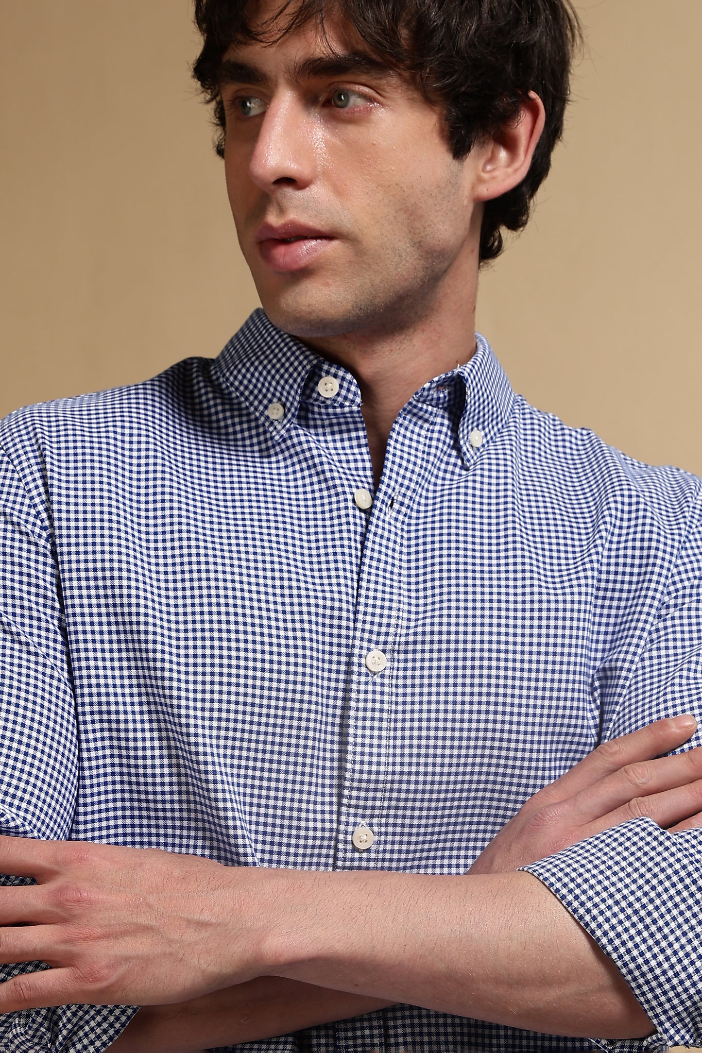 Cotton Oxford Slim Fit Mini Checks Shirt Navy