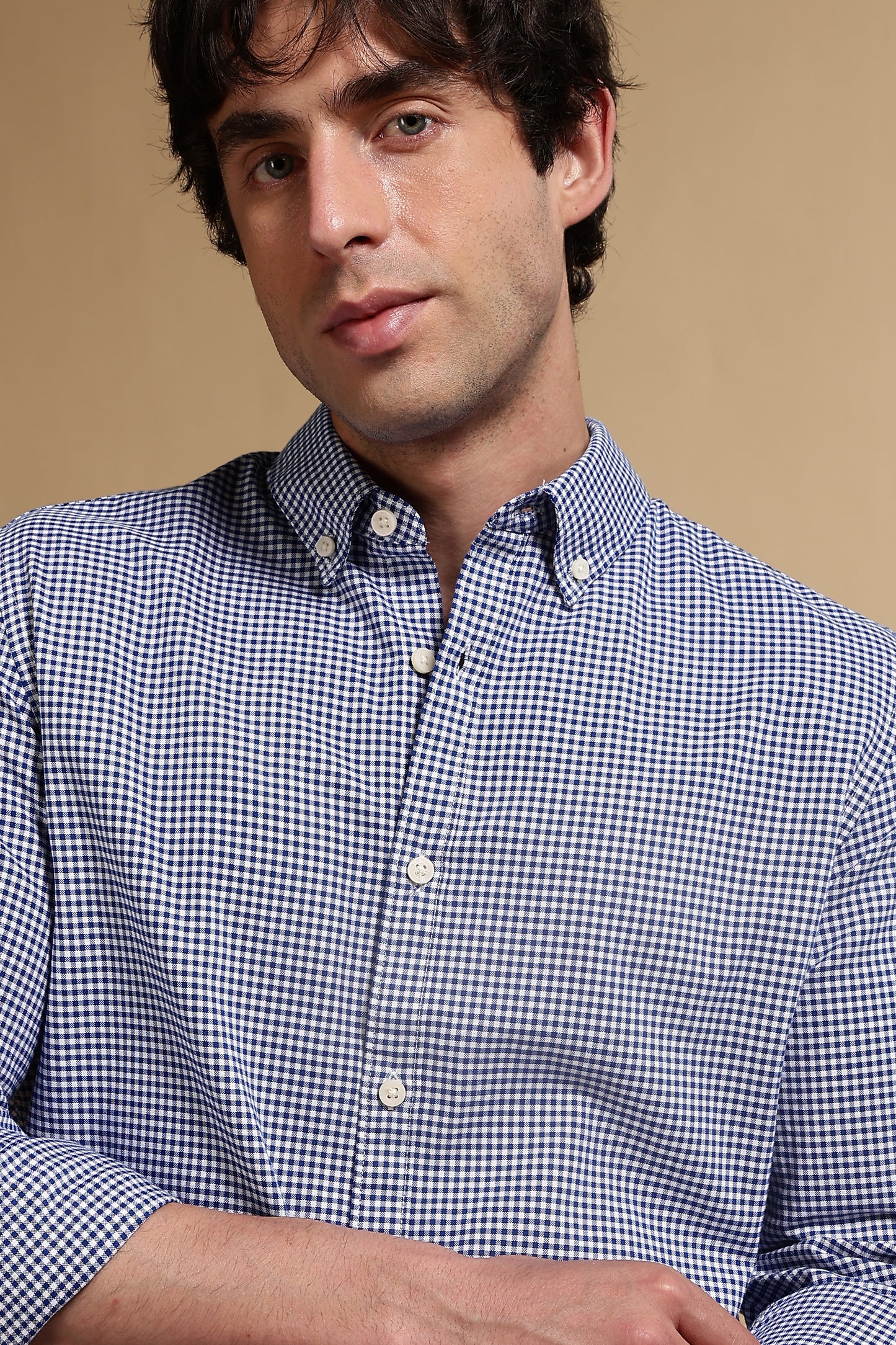 Cotton Oxford Slim Fit Mini Checks Shirt Navy