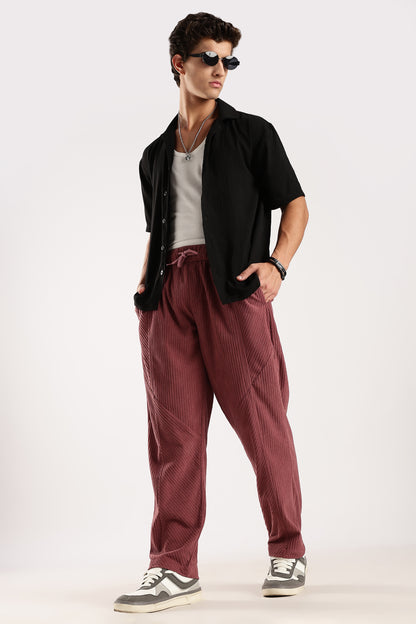Textured Loose Fit Drawcord Trousers Burgundy