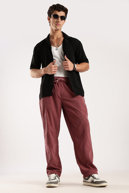 Textured Loose Fit Drawcord Trousers Burgundy