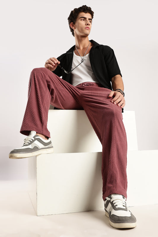 Textured Loose Fit Drawcord Trousers Burgundy