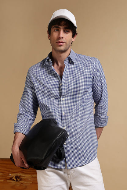 Slim Fit Mini Checks Shirt Navy