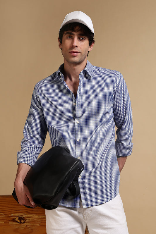Cotton Oxford Slim Fit Mini Checks Shirt Navy