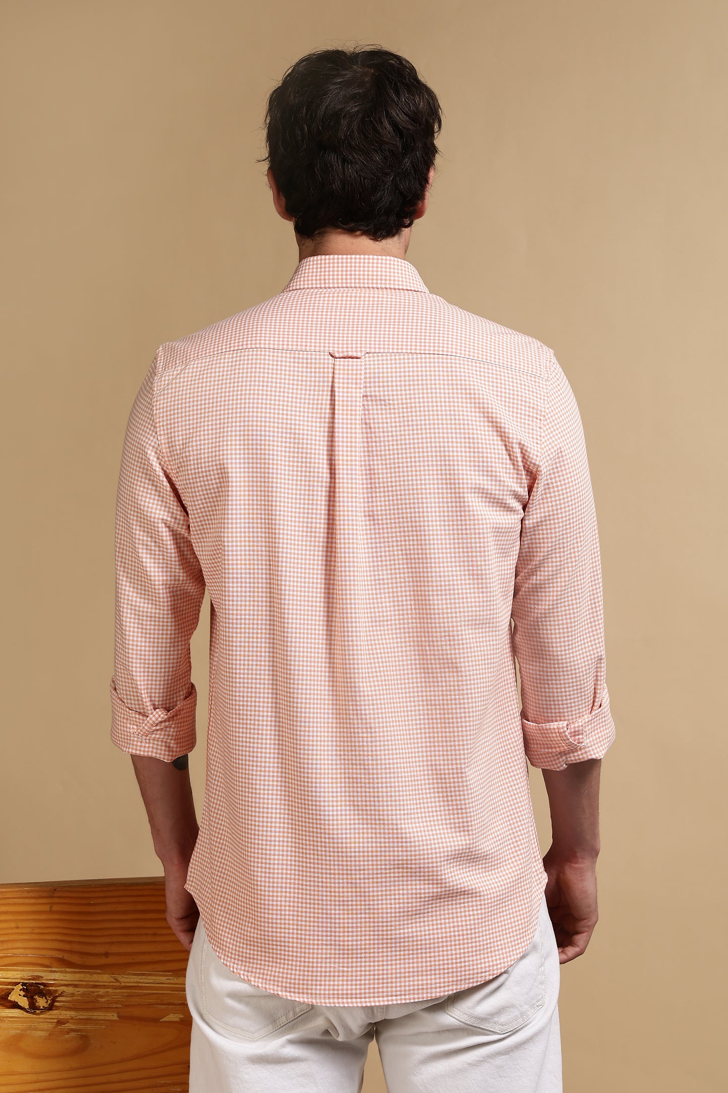 Cotton Oxford Slim Fit Mini Checks Shirt Orange