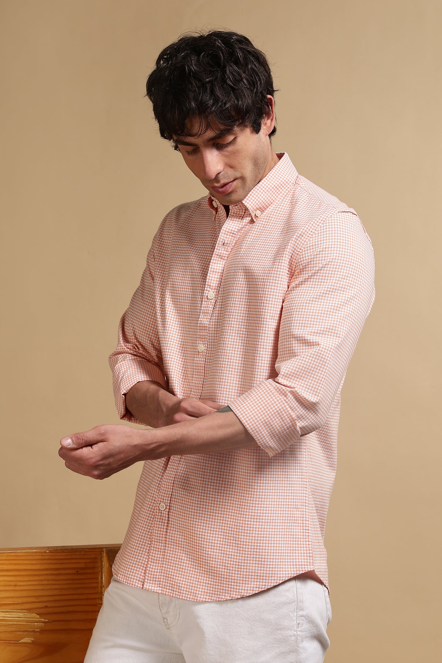 Cotton Oxford Slim Fit Mini Checks Shirt Orange