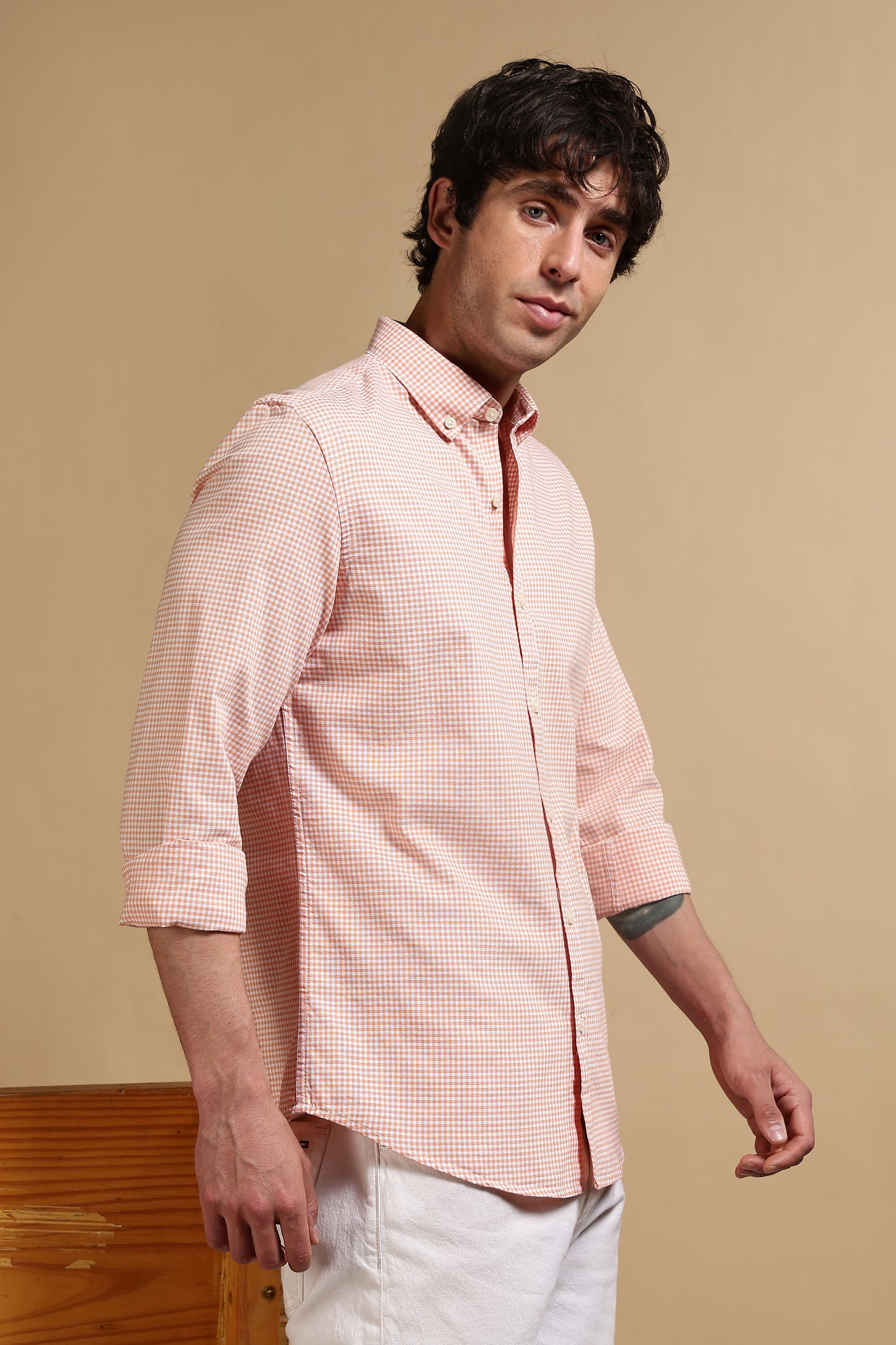 Cotton Oxford Slim Fit Mini Checks Shirt Orange