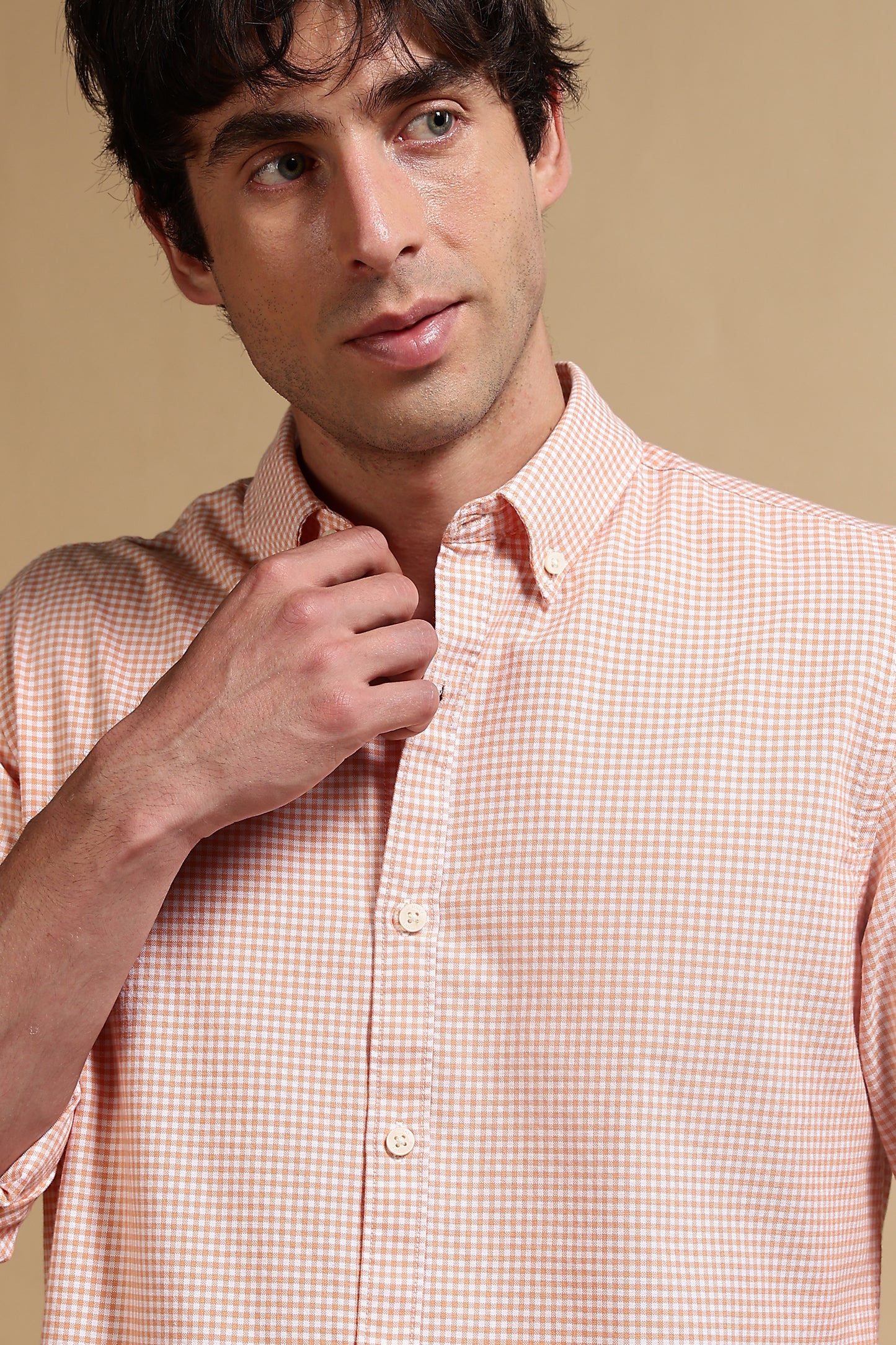 Cotton Oxford Slim Fit Mini Checks Shirt Orange