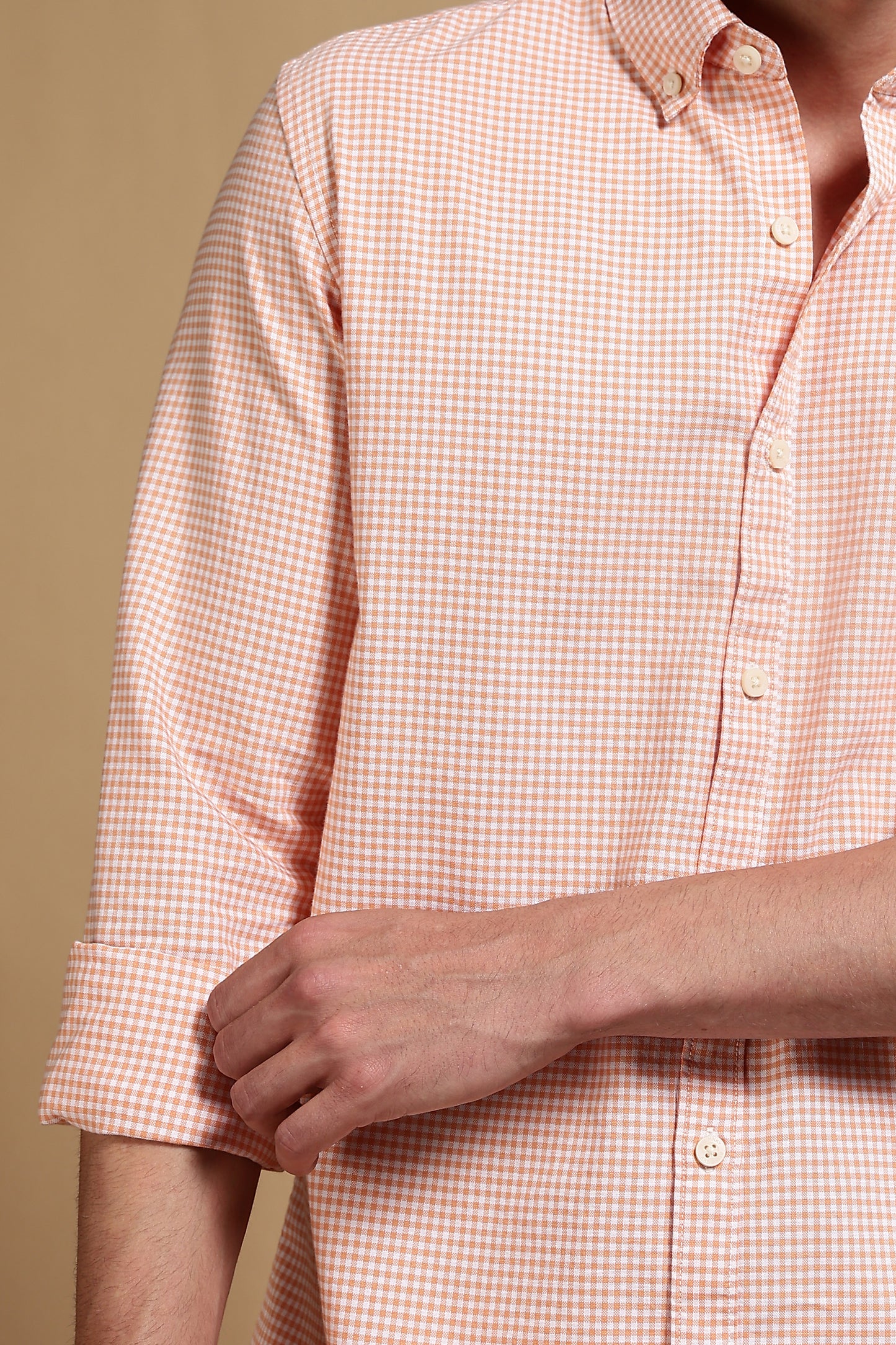 Cotton Oxford Slim Fit Mini Checks Shirt Orange